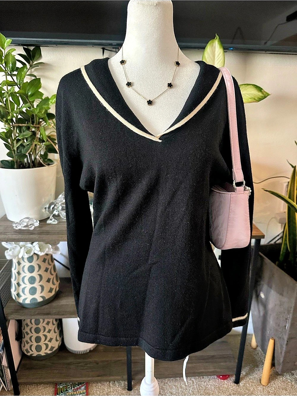 Saks Fifth Avenue Black Contrast Trim Ribbed V-Neck Sweater
